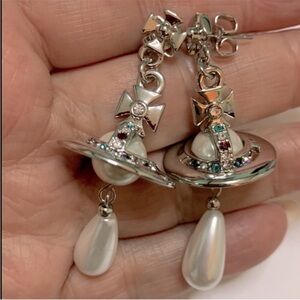 silver Saturn 🪐 orb pearl drop earrings 18k gold plated silver New